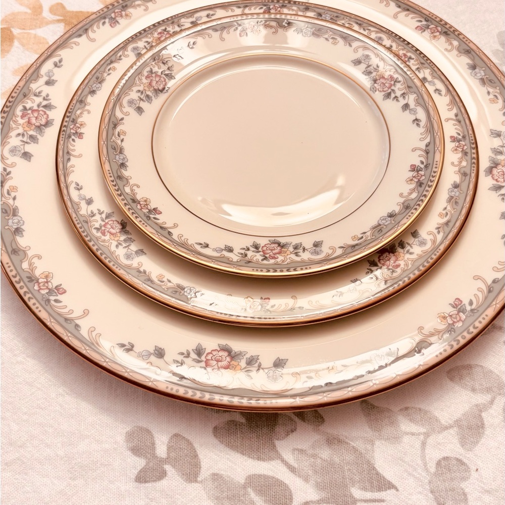 Lenox  Floral Cream Dinner plate, salad plate, dessert plate, cup, and saucer.